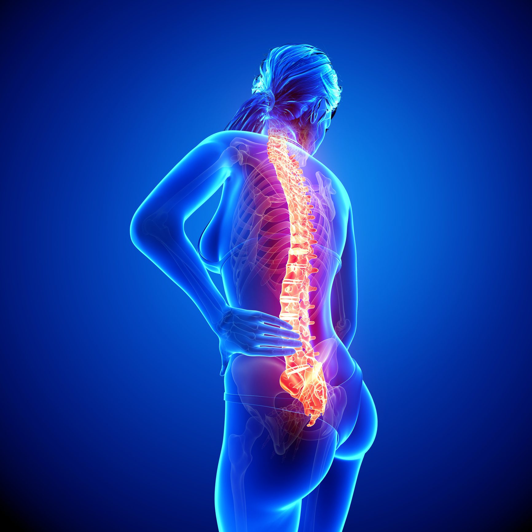 Illustration of female spine pain with highlighted spinal cord in blue